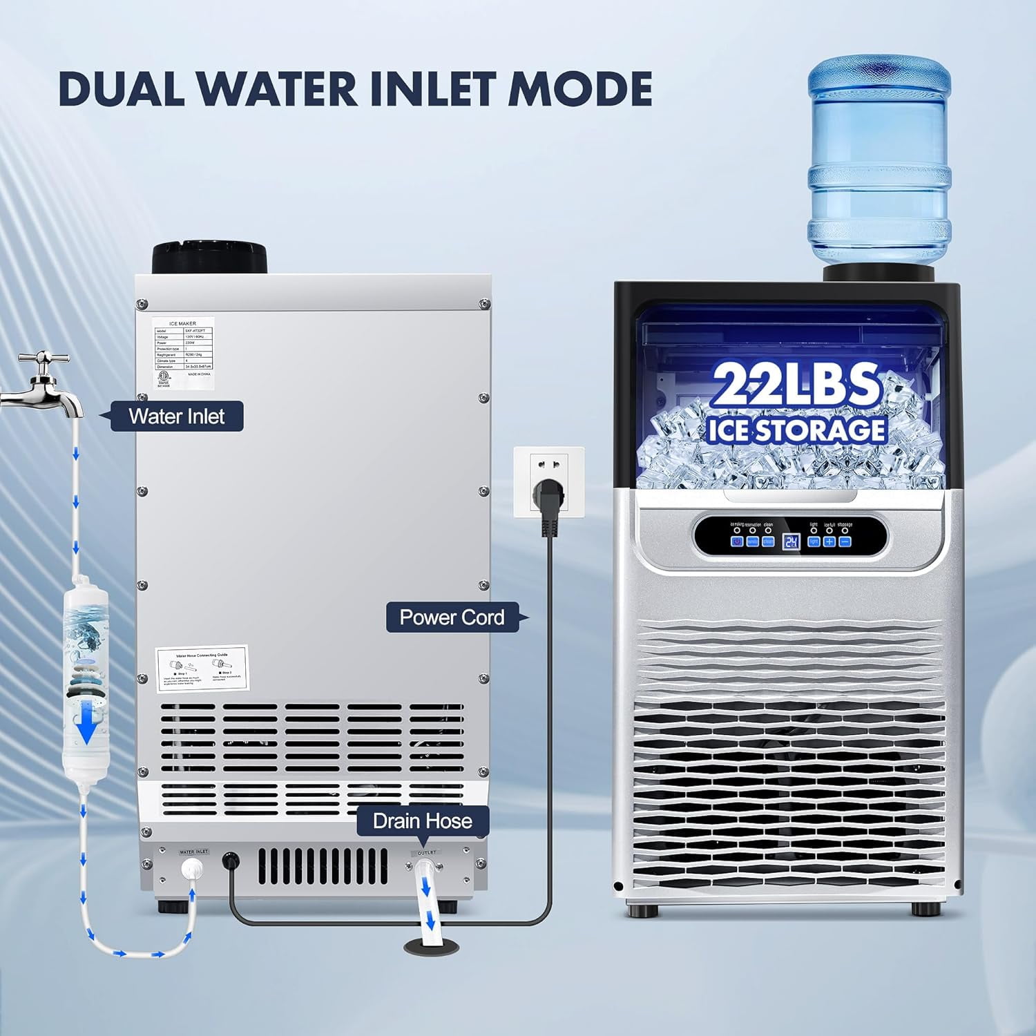 Zomagas Ice Maker Machine 90 LBS/24H ,Tap or Barrelged Water 28LBS Capacity Storage Bin for Restaurant Home