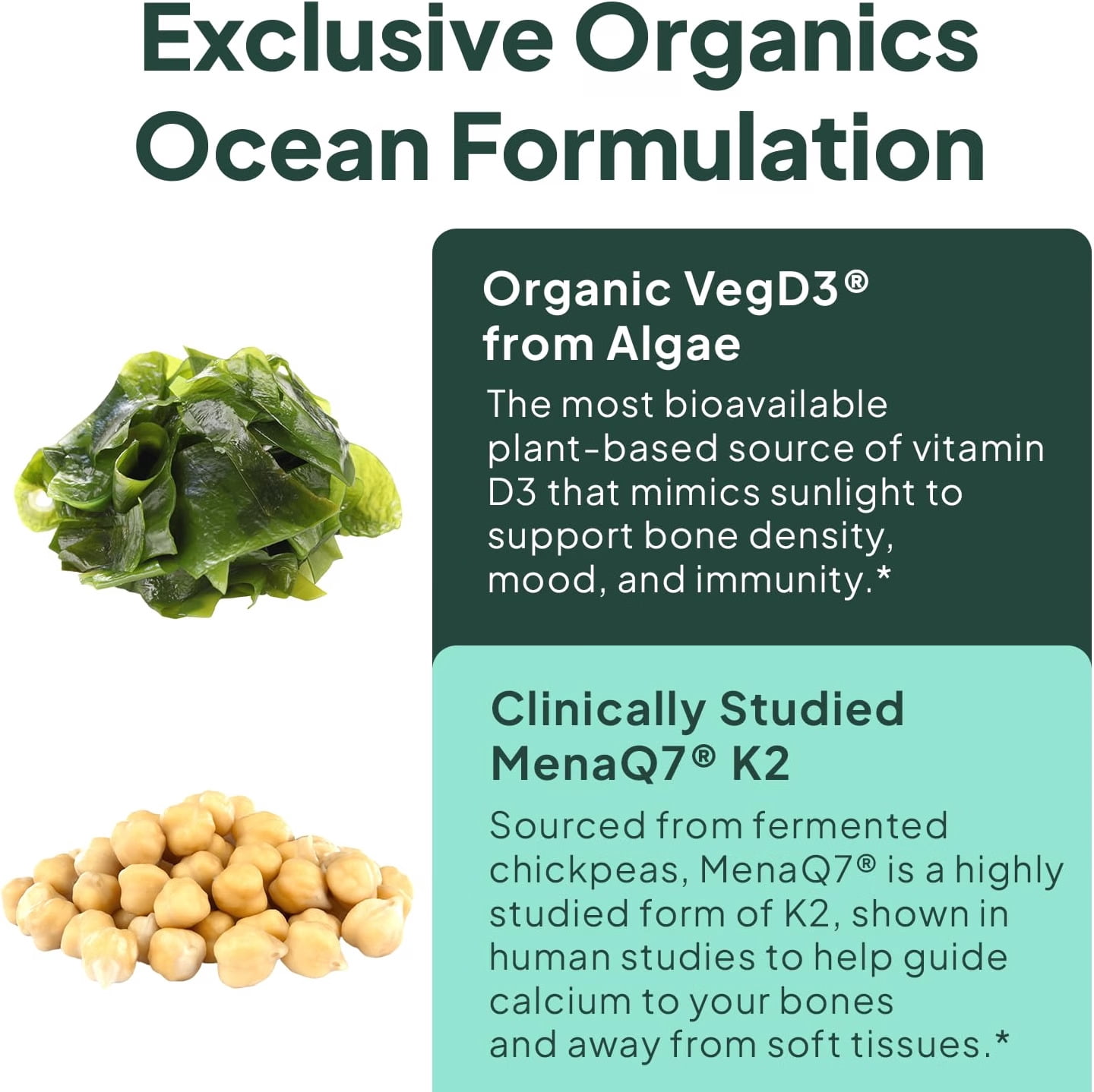 Organics Ocean Better D3 + K2 Supplement – Vitamin D3 3000 IU & K2 MK-7 – 30 Softgels – Bone, Immune & Calcium Support
