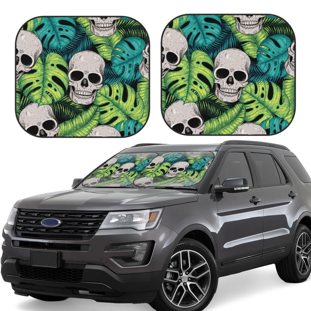 Saiise Skull and Palm Leaves for Foldable Car Sun Shades (2-Pack) Offer Sun Protection with an Easy-fold Design for Convenient Windshield Shading-Medium