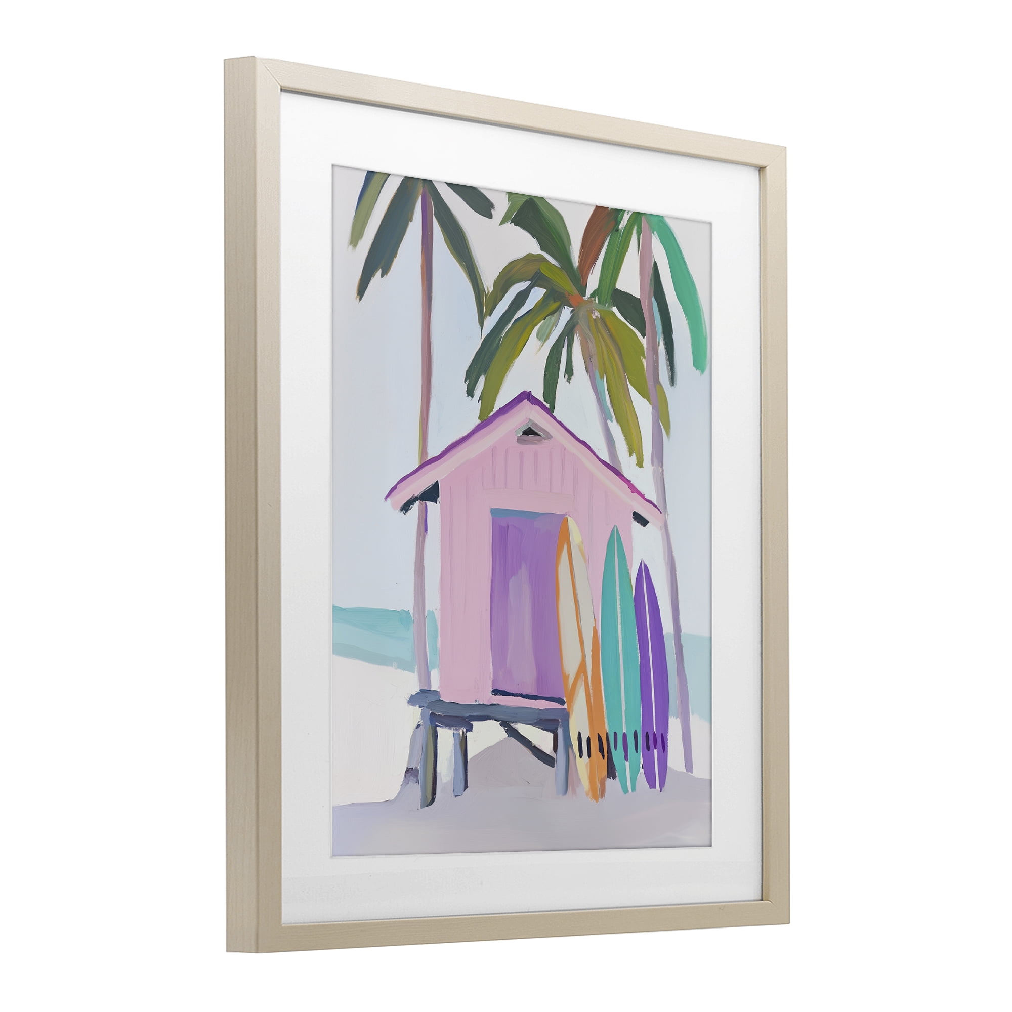 Stupell Industries Pink Beach Hut with Surfboards Birch Framed Print Under Glass, design by Sisi and Seb