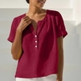 thumbnail image 6 of Htigea Womens V-Neck Button Down T Shirts Summer Short Sleeve Solid Color Casual Loose Fit Tee Linen Tee for Beach Everyday Wine L, 6 of 9