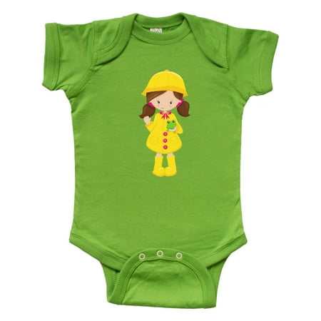 

Inktastic Girl With Brown Hair Yellow Raincoat Frog Gift Baby Girl Bodysuit