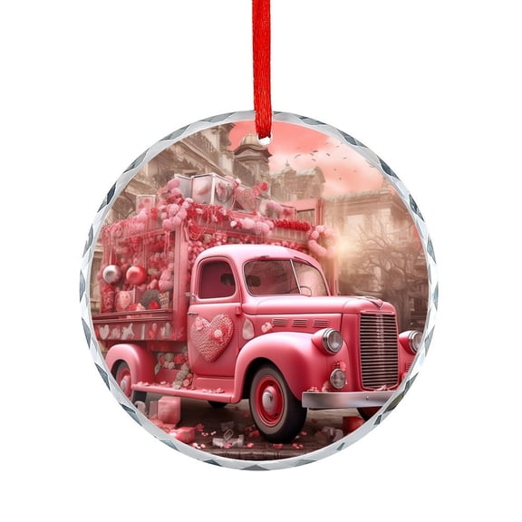 Glass Ornament Red Truck With Red Hearts Round Glass Christmas Ornaments Valentines Day Decorations Appreciation Gifts Ornaments for Xmas Tree