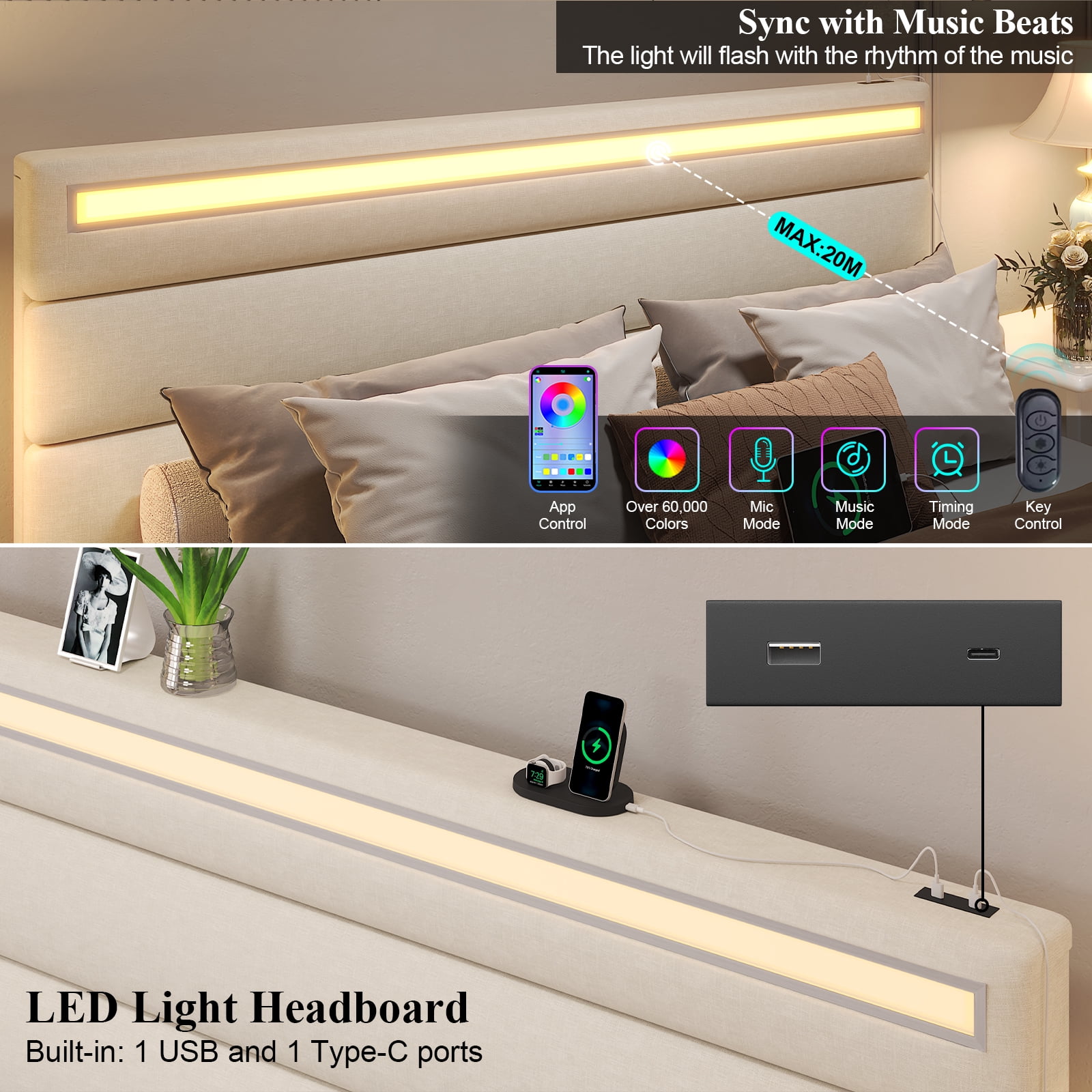 E-motie Full Upholstered Bed Frame with Storage Ottoman, Charging Station and LED, Beige Full Bed