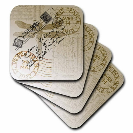 - 3dRose Vintage Dragonfly French Postcard, Ceramic Tile Coasters, set of 4