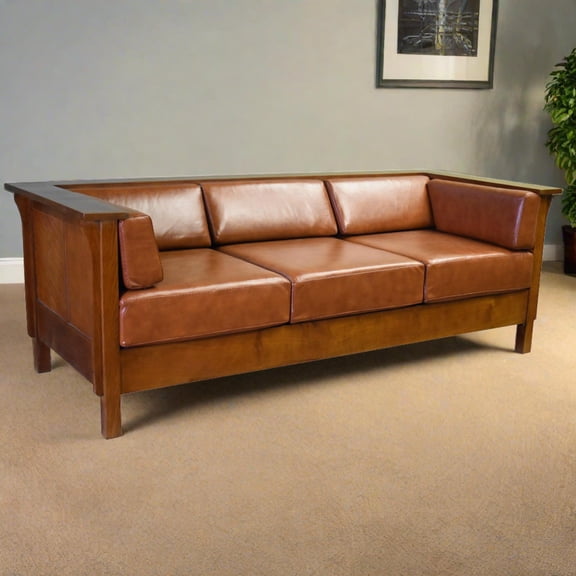 Crafters and Weavers Arts and Crafts Leather Side Sofa in Russet Brown