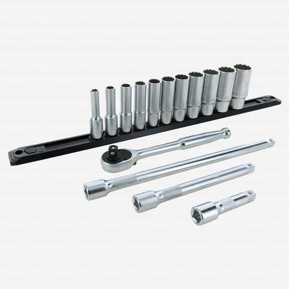 Wiha 33792 SAE Deep Socket Set, 12 Point 3/8" Drive with Ratchet & Extensions, 15 Pieces