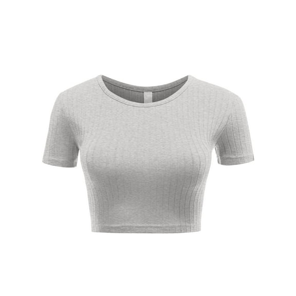 FashionMille Women's Basic Solid Crew Neck Stretch Ribbed Knit Short Sleeve Crop T Shirt Top