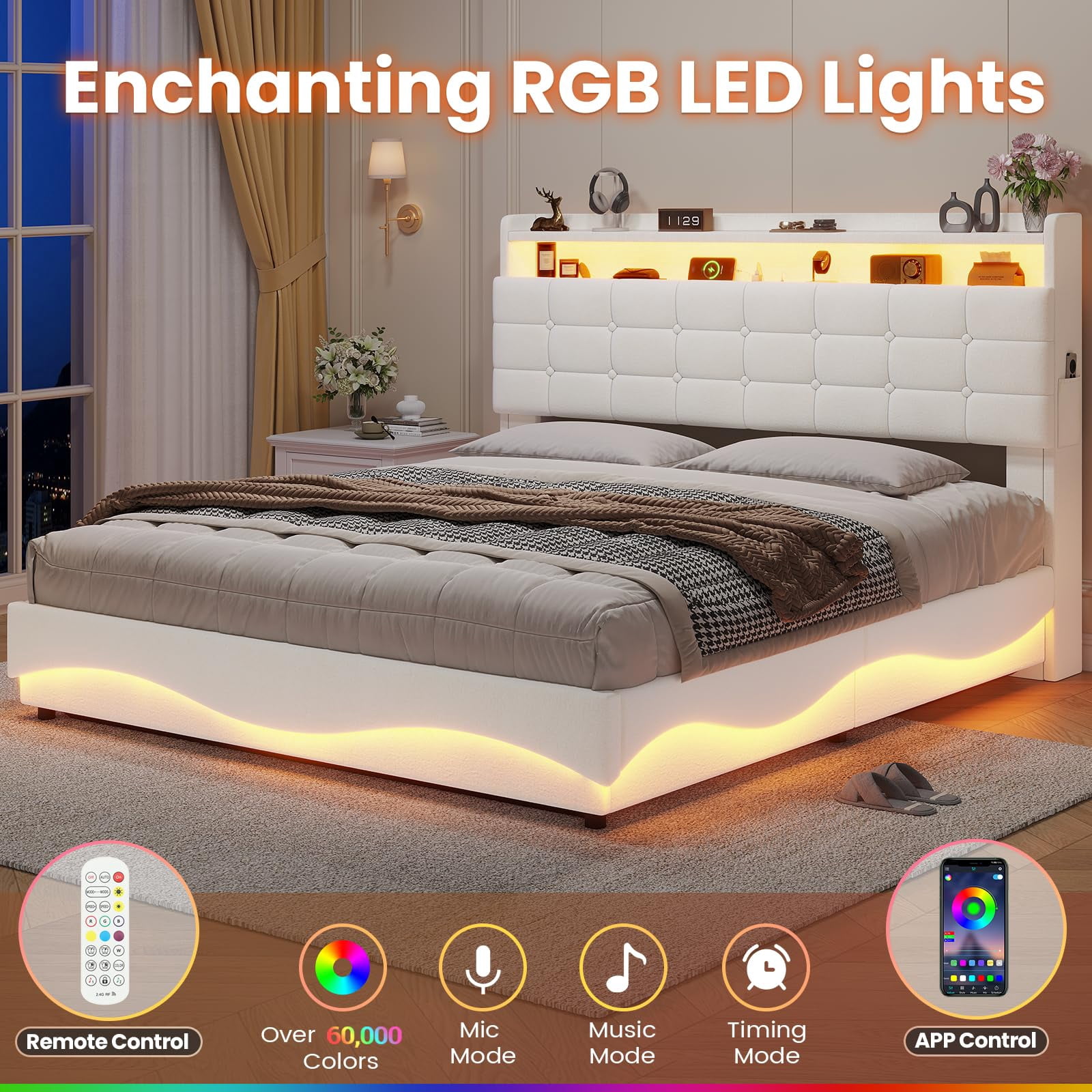 Amuzer Bed Frame Queen Size with Lift Up Storage, Power Outlet,LED Lights Storage Headboard,Velvet Upholstered Queen Bed, No Box Spring Needed,Creamy White