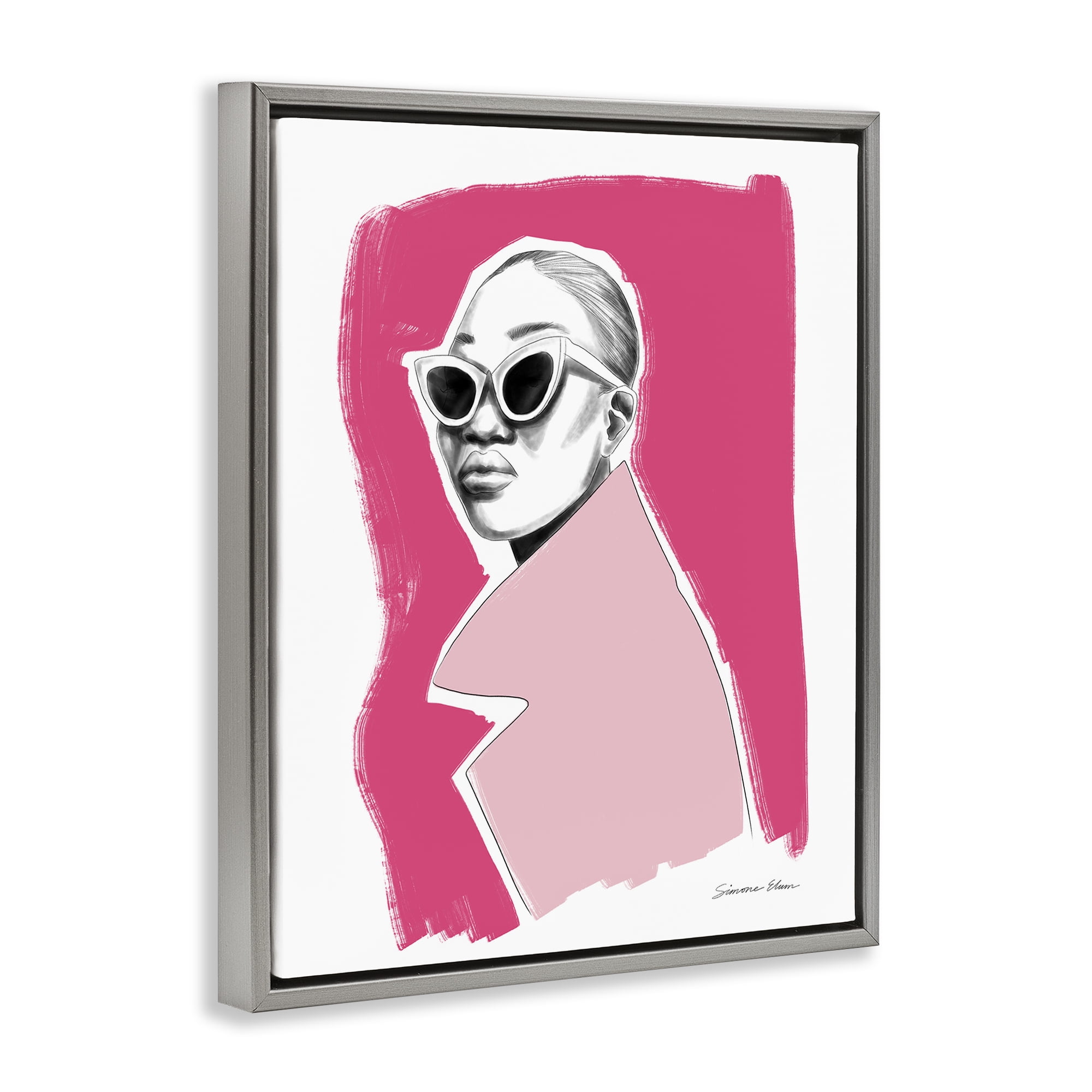 Stupell Industries Pink Attitude Fashion Portrait Gray Framed Floater Canvas Wall Art, design by Simone Elum
