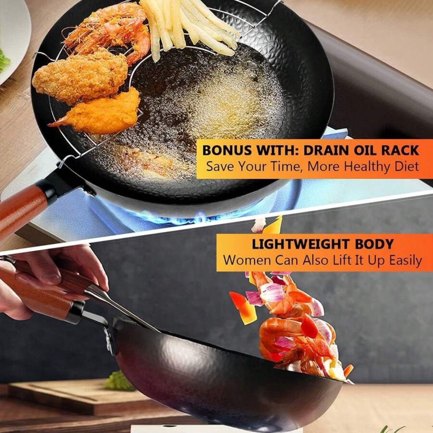 NTGFU 12.6'' Carbon Steel Wok Pan, 14 Piece Stir Frying Pans Set with Wooden Lid & Cookwares, No Chemical Coated Flat Bottom Chinese Woks for Induction