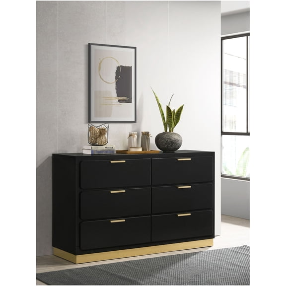 JERFIT Modern 6-Drawer Dresser with Gold Base, Wood Chest of Drawers for Bedroom Storage, Black Contemporary Dresser with Soft-Close Drawers
