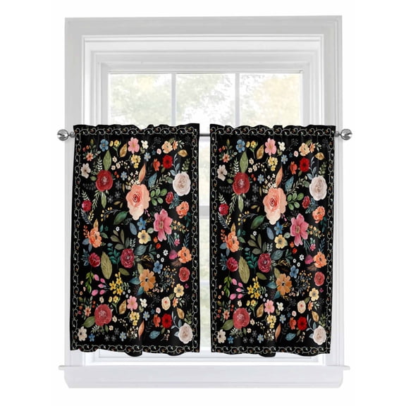 Tier Curtains 45 Inches Long, Watercolor Flowers Window Treatment Curtain Drapes, Farmhouse Floral Vintage Black Window Half Privacy Curtains for Bedroom Bathroom, 42"x45", 2 Panels