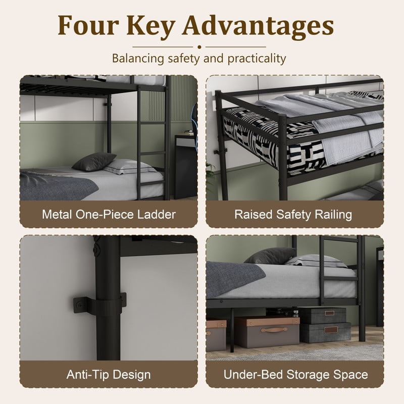 Metal Bunk Bed Twin Over Twin, Heavy-Duty Steel Bunk Bed with 14.29" High Guardrails, 19 Metal Slats per Bunk, 400+ lbs Weight Capacity, Under-Bed Storage, for Kids, Teens & Adults