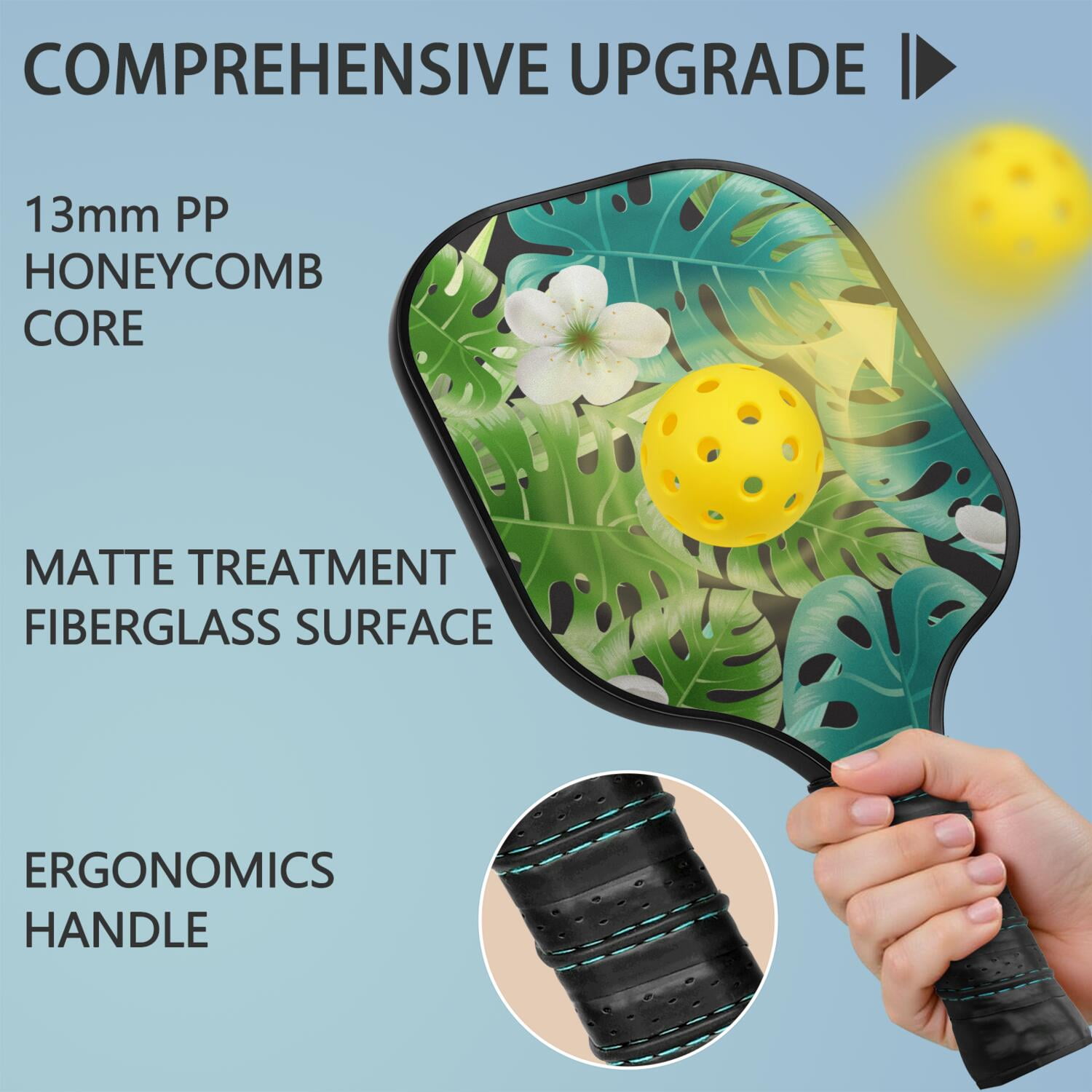 Pickleball Paddles Set Of 2, Fiberglass Surface, Tropical Jungle Print, 4 Balls & Bag