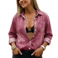 thumbnail image 3 of UDAUDU Women Button Down Denim Shirts Casual Long Sleeve V Neck Fall Fashion Blouse Crop Top Jackets Wine XL, 3 of 8