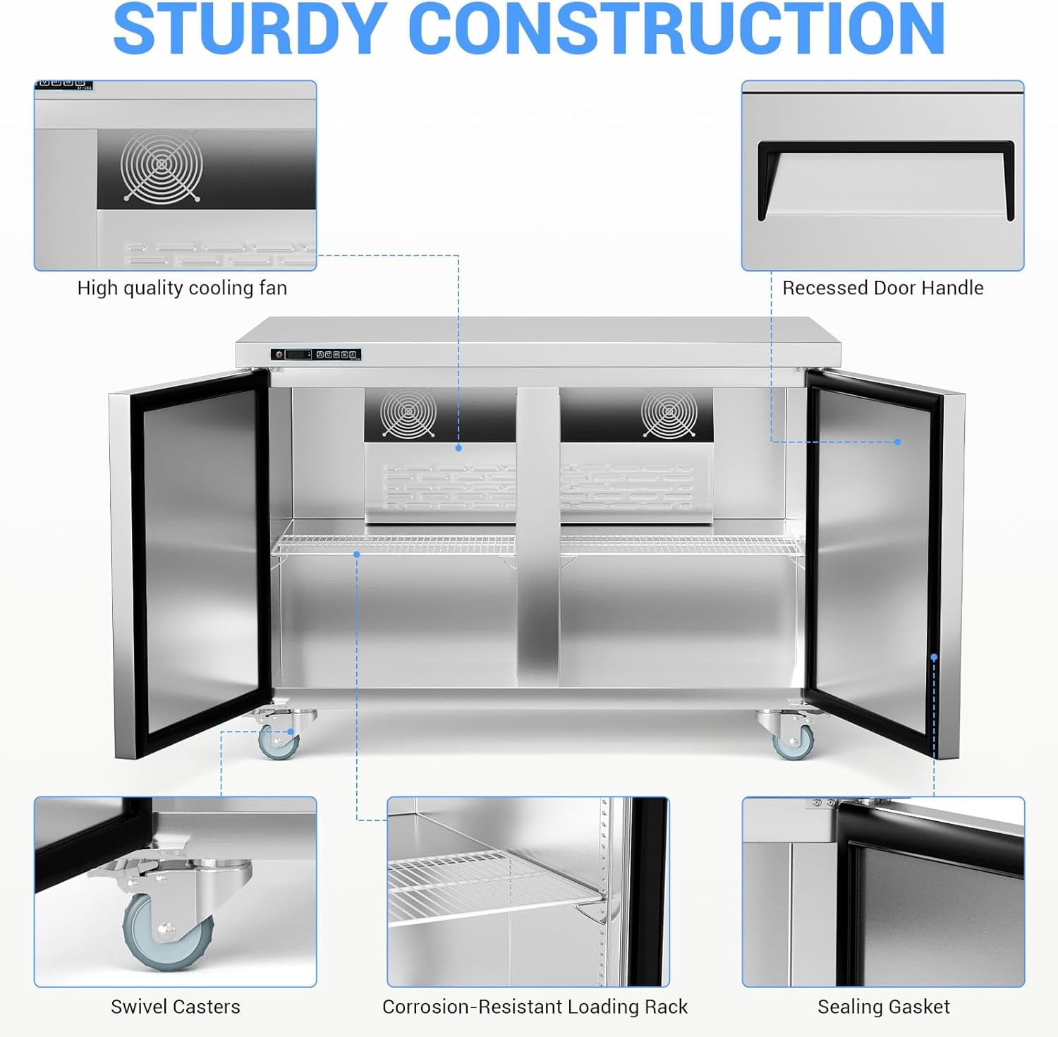 IdealHouse 48" Commercial Prep Table Refrigerator, Stainless Steel Dual Door Cooling Table, Sandwich Salad Prep for Food Service & Restaurant