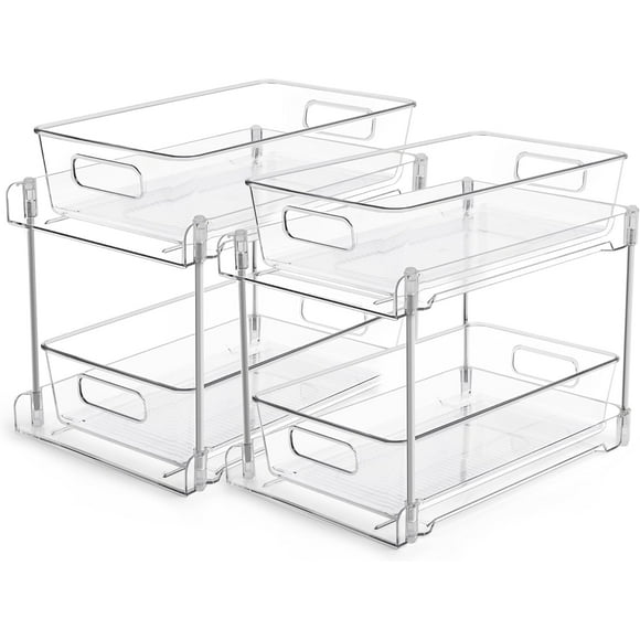 Bathroom Storage Organizer, Clear Under Sink Organizers Vanity Counter Storage Container, Medicine Cabinet Drawers Bins, PullOut Organization with Track for Pantry, Kitchen