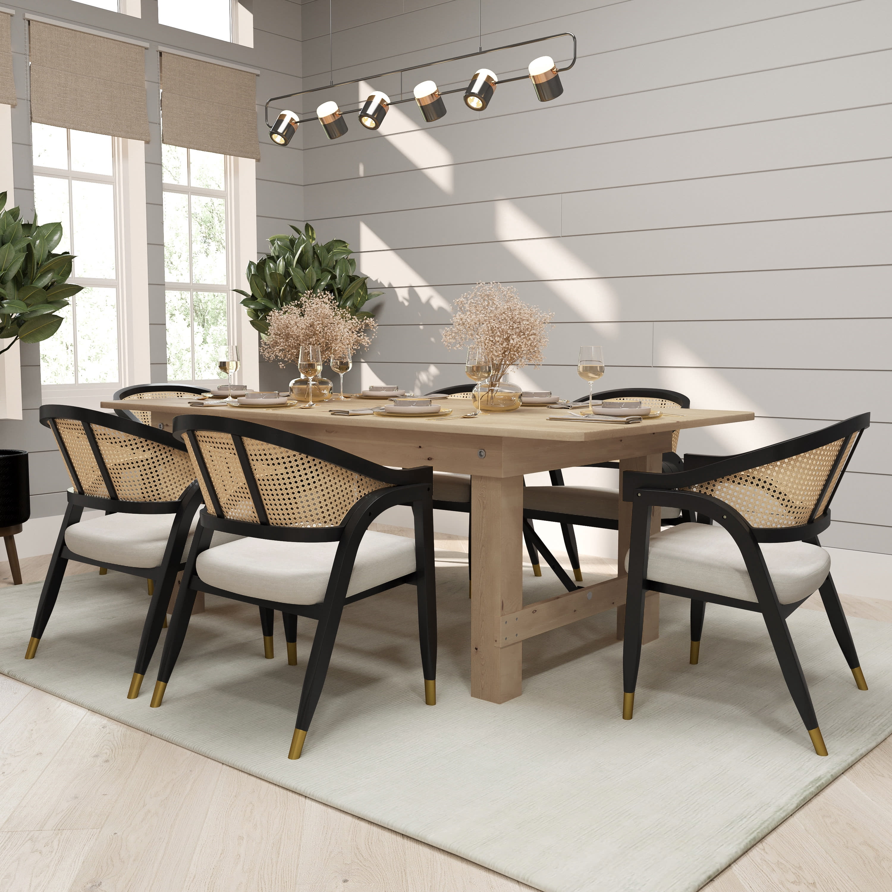 (4 pack) Merrick Lane Cane Rattan Padded Accent or Dining Chair with Gold Accented Legs in Natural/Black