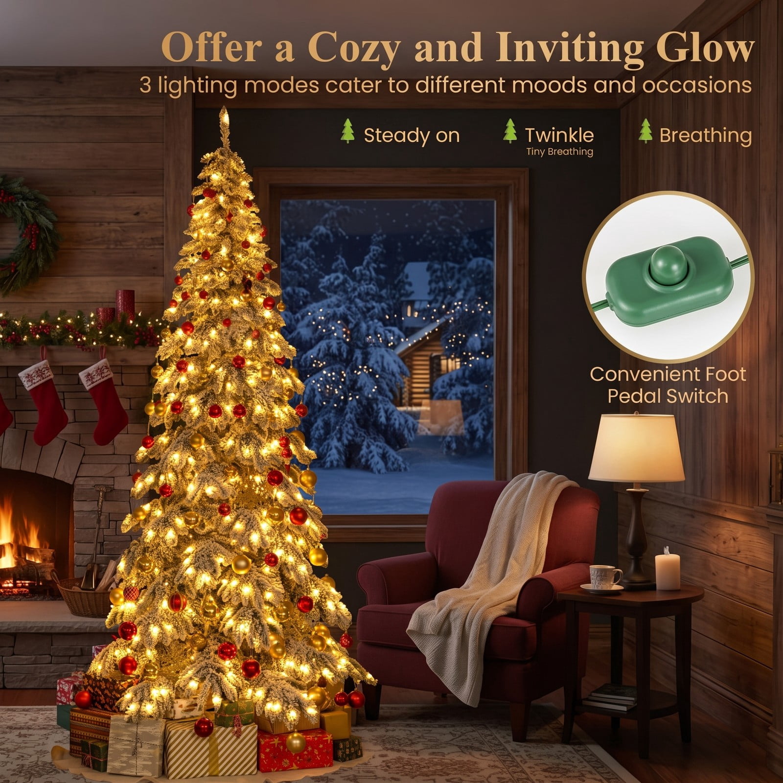 RUIE 9 FT Pre-Lit Artificial Christmas Tree, Snow Flocked Hinged Xmas Tree with 500 Warm White LED Lights, Quick Power Connectors and Foot Pedal Switch, Metal, White