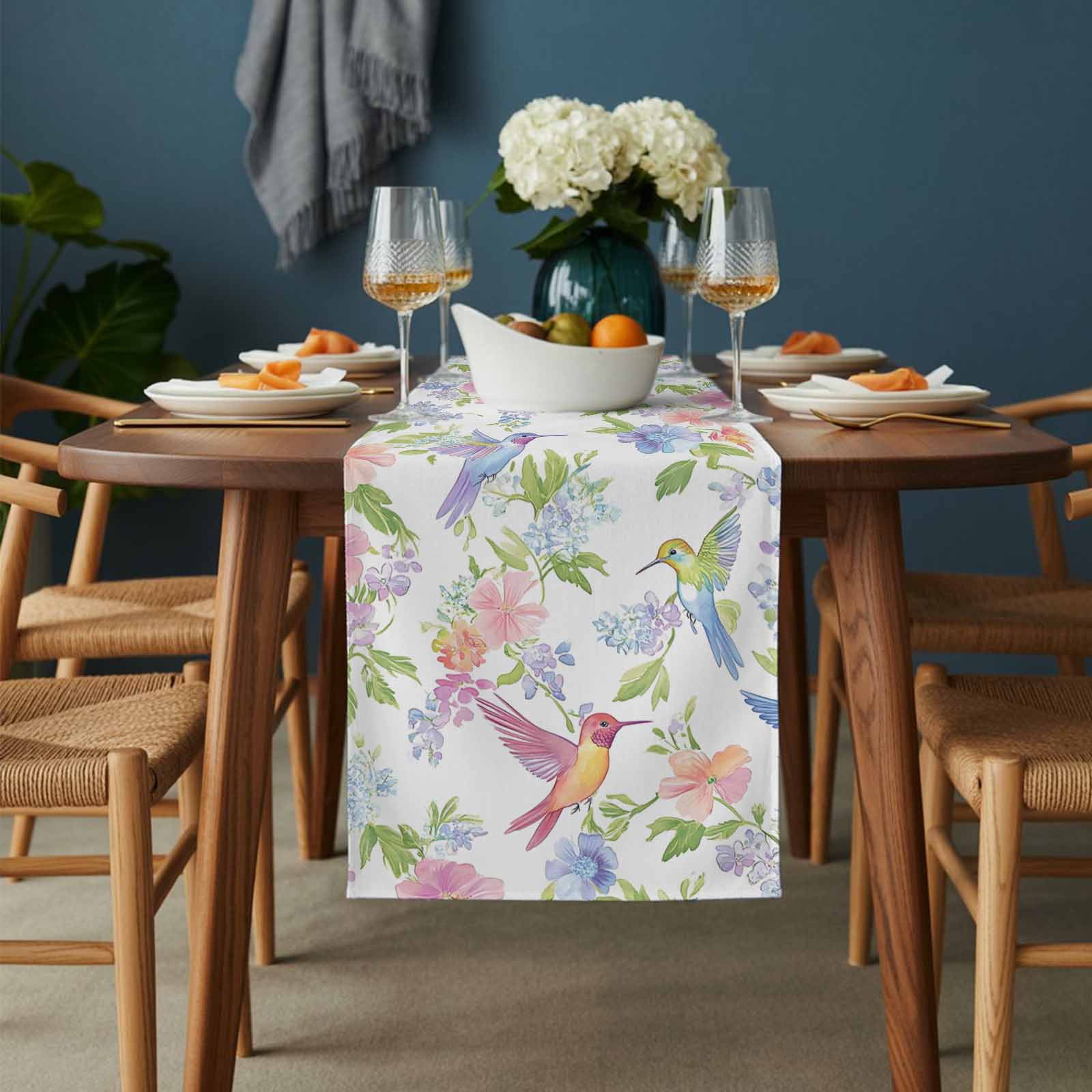 Spring Hummingbird Cotton Linen Table Runner Colorful Birds Dining Table Runners for Home Decor Party Dining Room Restaurant Kitchen 13" x 120"