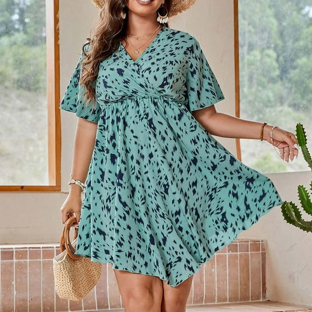EGNMCR Robes de Vacances pour Femmes Grande Taille Été Décontracté Manches Courtes Col en V Imprimé Manches Robes Robe Ample