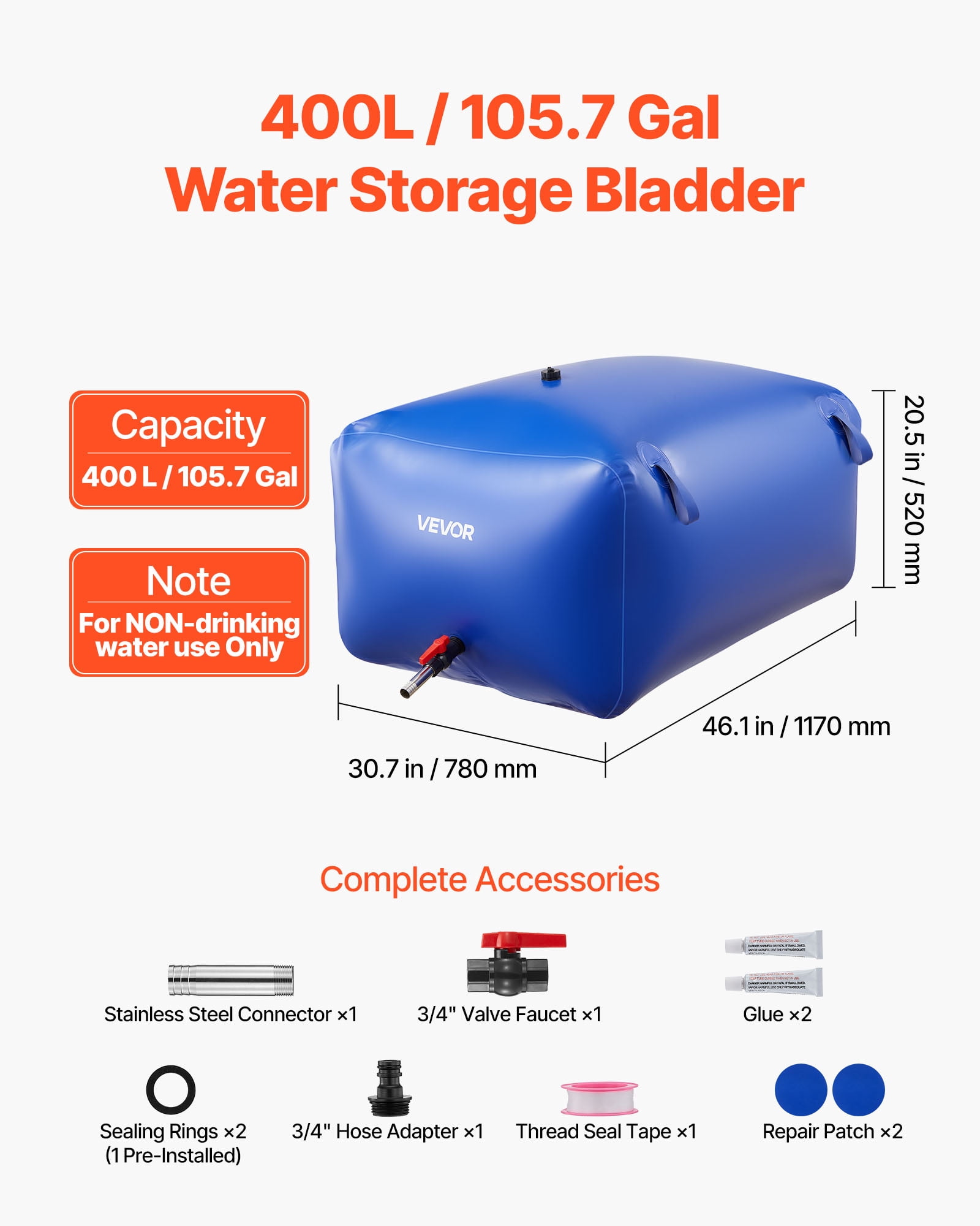 VEVOR Water Storage Bladder 105.7 Gallon Large Capacity Water Bag,Portable & Collapsible Soft Waters Container, Leakproof & Tear-Resistant PVC Emergency Waters Storage Tank for RV Truck & Outdoor Use