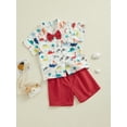 thumbnail image 4 of Musuos Kid Boys 2 Piece Set 6 12 18 24M 3 4Y Short Sleeve Dinosaur Print Shirts with Bowtie + Elastic Waist Shorts Toddler Baby Summer Outfits, 4 of 10