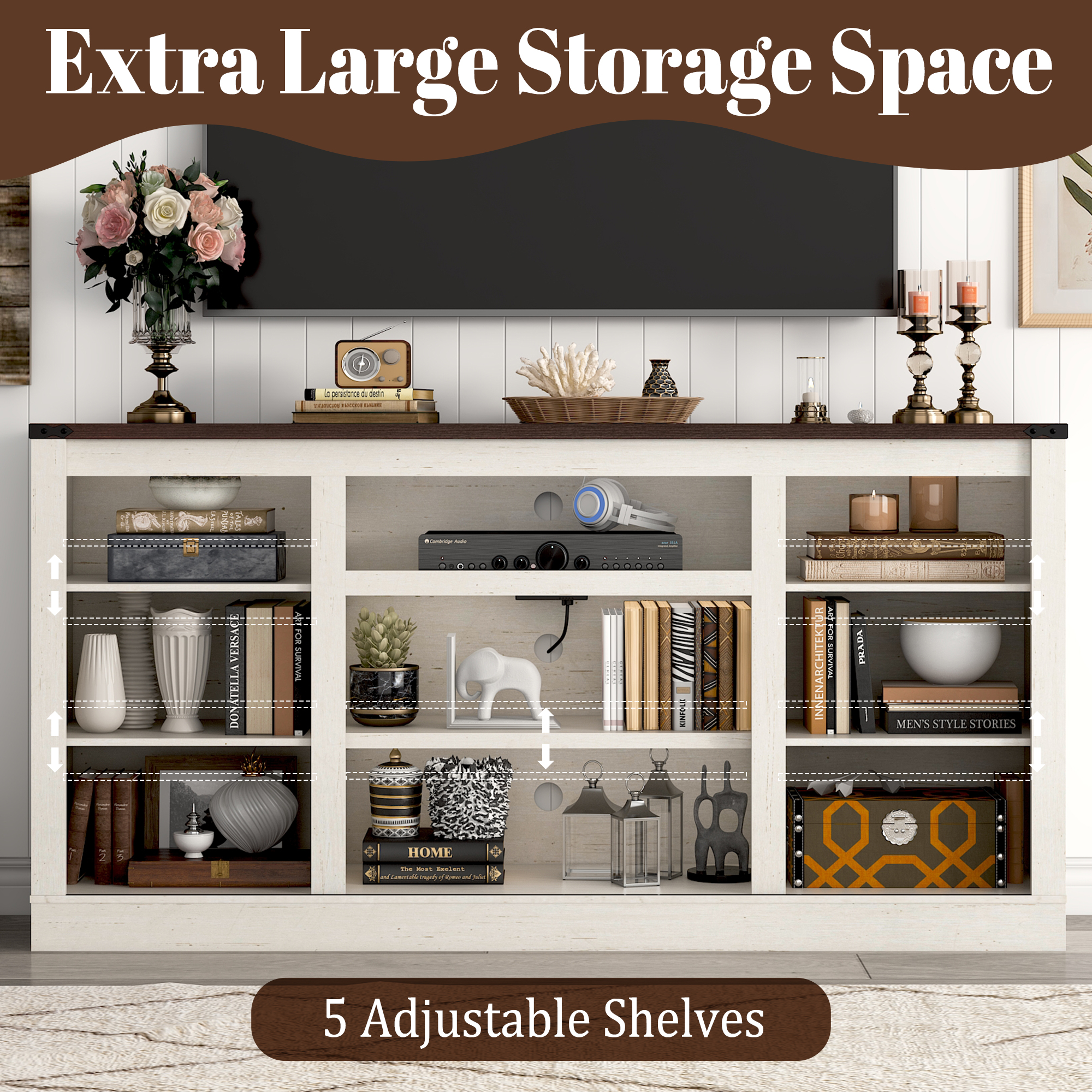 Chvans 66" Farmhouse TV Stand with Sliding Barn Doors & Charging, White photo 5