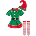 thumbnail image 1 of Disfraz de elfo navideño unisex verde y rojo para niños pequeños, hombres, familia, vacaciones, niñas y mujeres, disfraz de ayudante de Papá Noel, 1 of 5