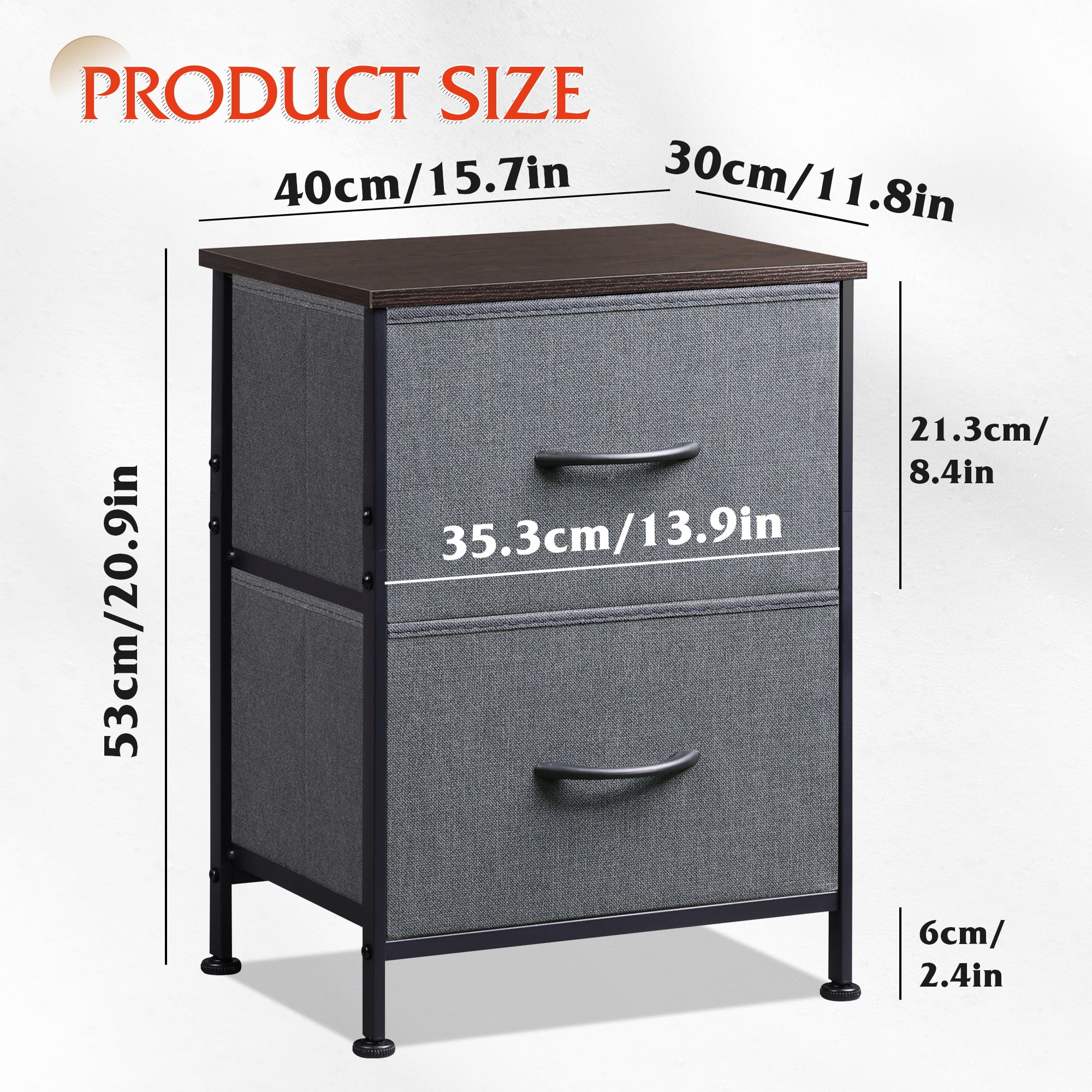 GALAXHERO Nightstand Set of 2 with 2 Drawers, Small Bedroom Dresser and End Table with Fabric Bins for Closet, College Dorm, Dark Grey
