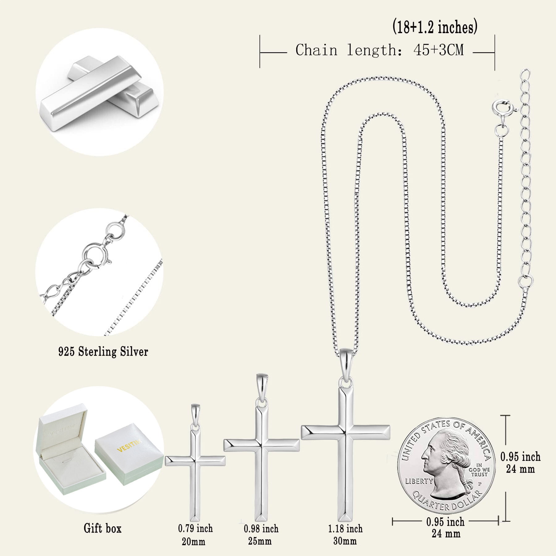 VESITIM Cross Necklace for Women Sterling Silver Plain Cross Pendant Necklace White Gold Plated 0.79" Jewelry Gifts for Men