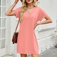 thumbnail image 4 of Summer Dresses for Women V-Neck Short Sleeve Sundresses Solid Color Casual Beach Everyday Vacation T-Shirt Loose Dress, 4 of 7
