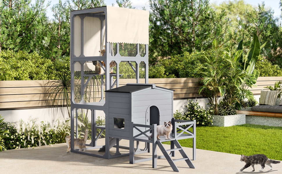 Euroco Catio Cat House Outdoor Large Cat Enclosure, Wooden Cat Cage for Multiple Cats with Jumping Platforms and Cat Swing, Removable Waterproof Cover, UV Resistant, 2 Combination, Gray