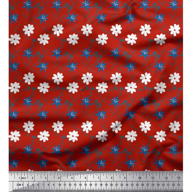Soimoi Red polyester Crepe Fabric Swirl & Daisy Floral Printed Fabric 1 Yard 52 Inch Wide