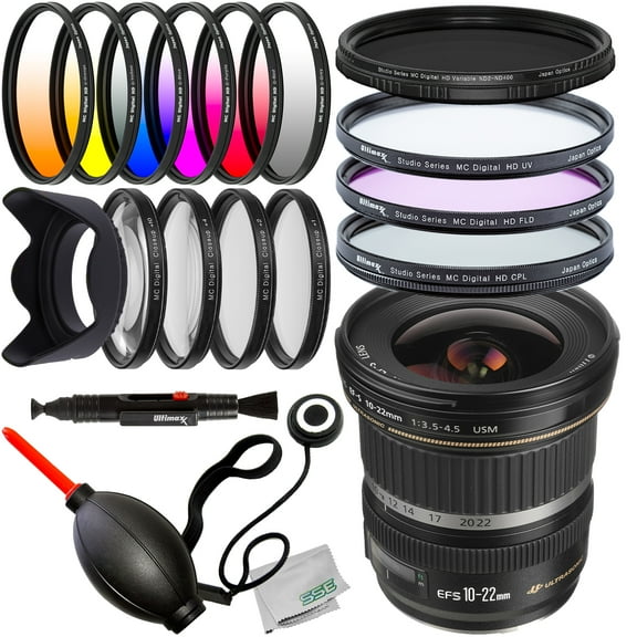 Ultimaxx Essential Canon EF-S 10-22mm f/3.5-4.5 USM Autofocus Lens Bundle: Variable Neutral Density Filter (ND2-ND400), 3PC Protective Filter Kit (UV, CPL, FLD) & Much More