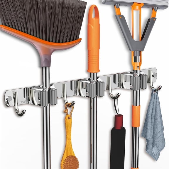 Wall Mounted Mop and Broom Holder with 3 Racks & 4 Hooks 304 Stainless Steel Organizer for Garage, Garden, and Laundry Room