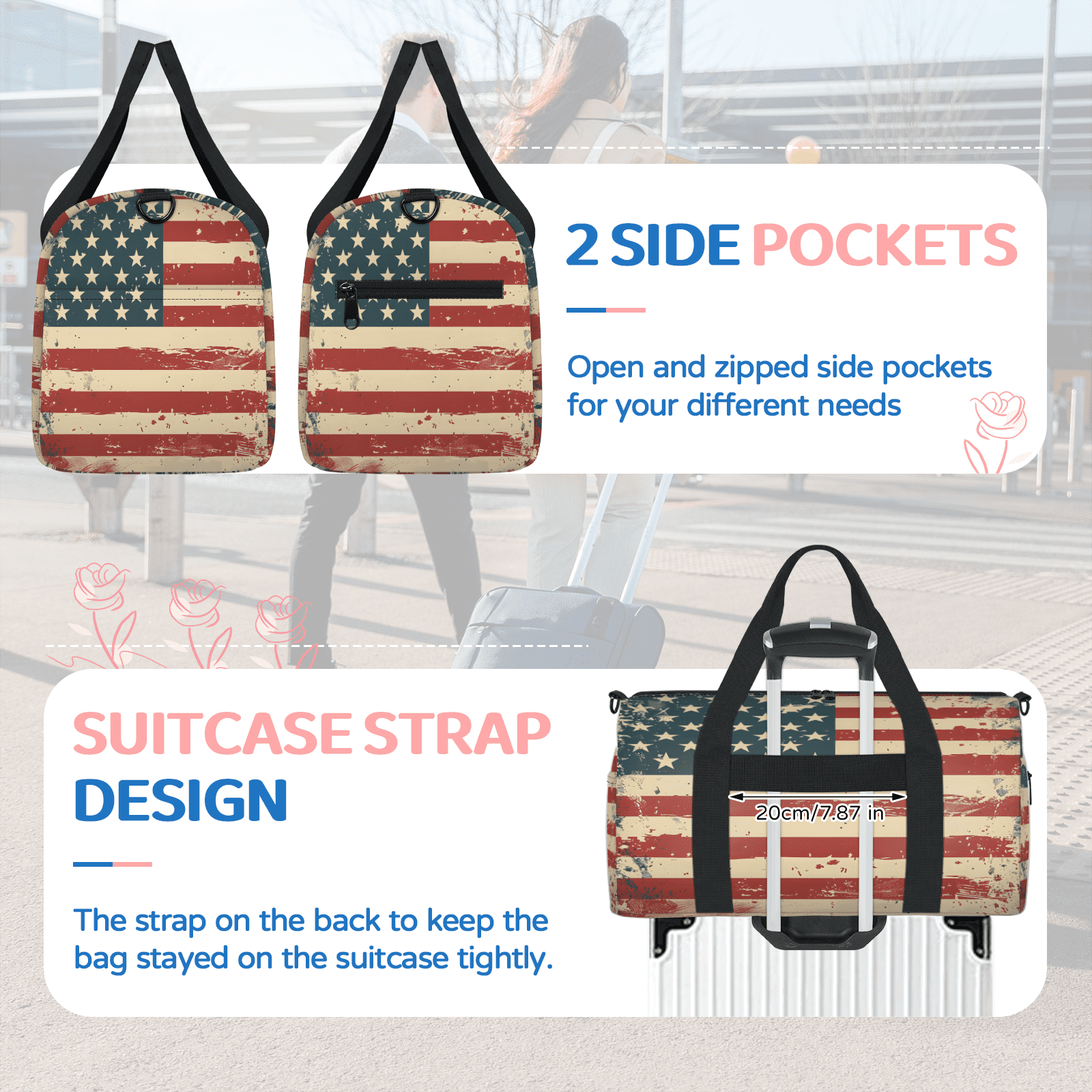 Herdesigns Vintage American Flag Travel Duffle Bag Sports Yoga Weekender Overnight Carry on Workout Bags Lightweight Waterproof Gym Tote Bag for Women 4th of July