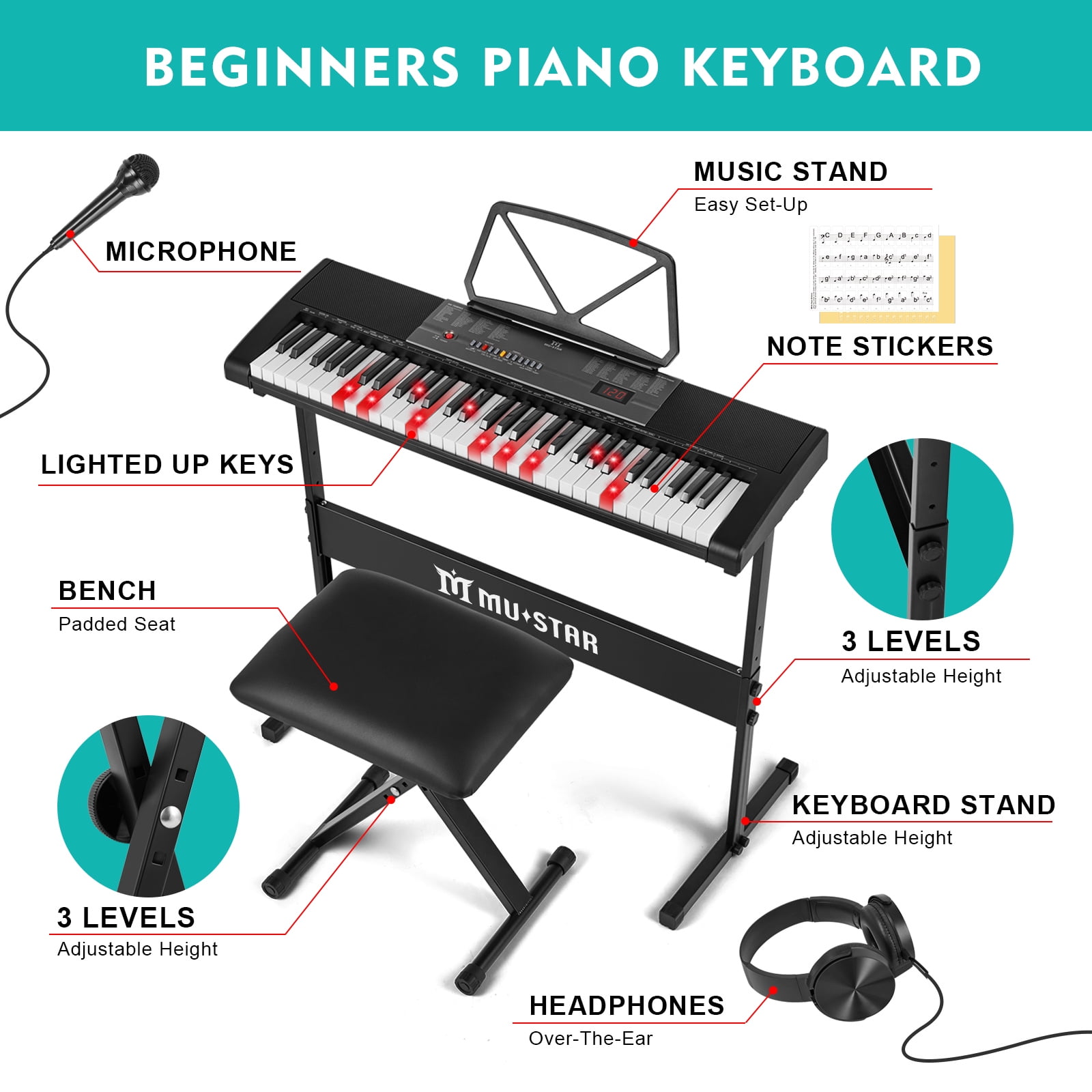 Electric Keyboard Mustar Built-in Speakers Piano 61 Lighted Keys for Beginner with Stand Stool, Headphones, Microphone, Note Stickers