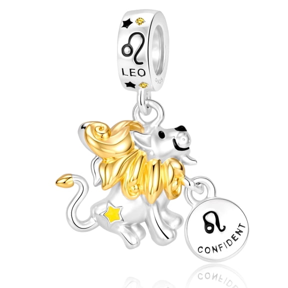 925 Sterling Silver Two-Tone Leo Lion Dangle Charm for Bracelet Charms Bangle Pendant Jewelry
