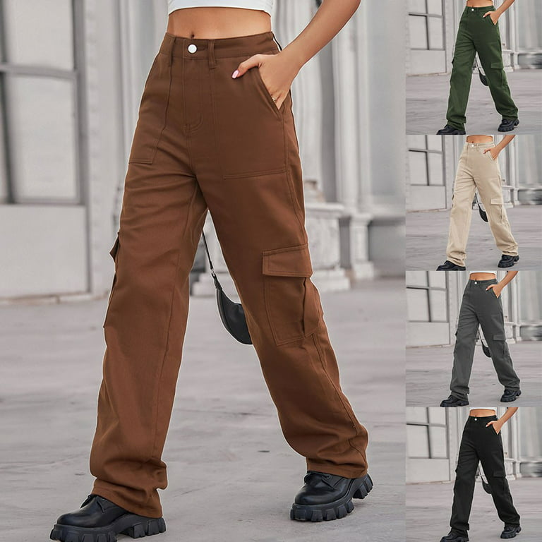 ALSLIAO Womens High Waisted Cargo Pants Wide Leg Casual Long Trousers With  Pockets Army Green S 