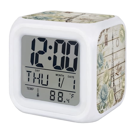Vintage Eiffel Tower Digital Alarm Clock for Bedrooms,Smart LED Alarm Clock with 7 Color Changing Night Light,Retro Love Floral Plants Farmhouse Wooden Silent Wake Up Clocks for Sleep Study 3.2x3.2