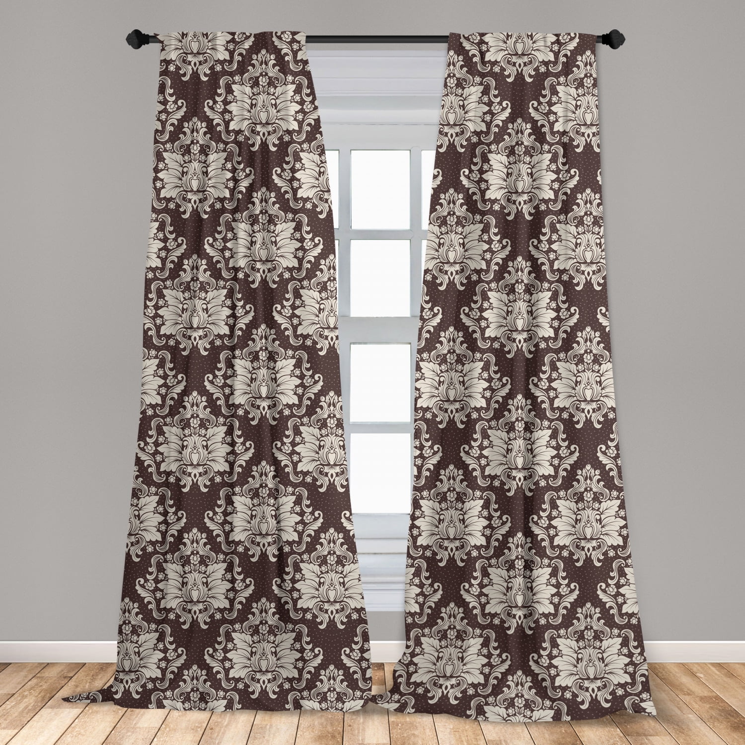 Damask Curtains 2 Panels Set, Victorian Floral Pattern with Blooming