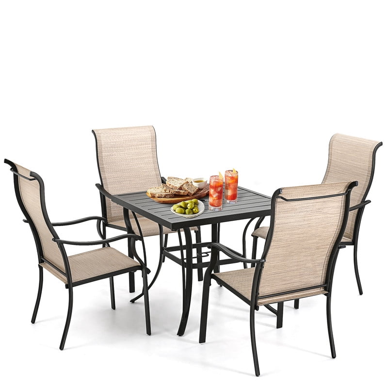 5-Piece Patio Dining Sets, Outdoor Conversation Set, 4 Textilene Dining Chairs and 1 Square Dining Table with Iron Slat Table Top