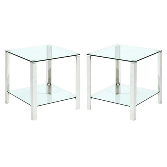 Home Square 19.7" Square Glass & Stainless Steel Lamp Table in Clear - Set of 2