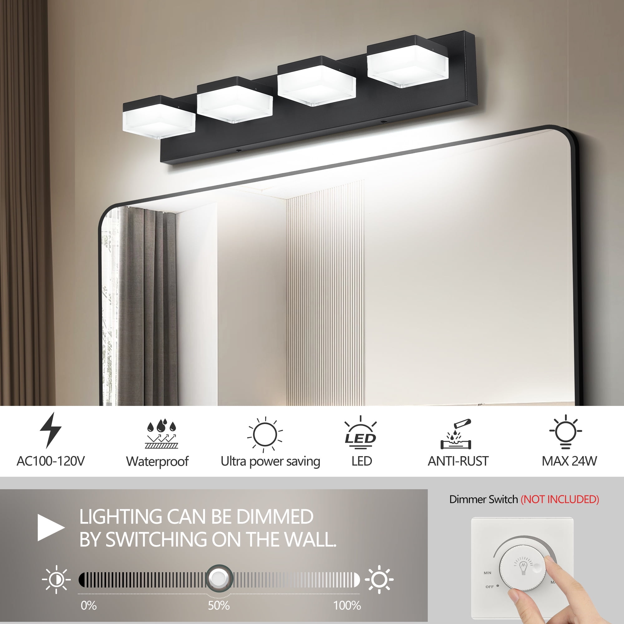 4 Light LED Modern Bathroom Lighting Fixtures Over Mirror 24.8in Dimmable Bathroom Vanity Light Fixture Matte Black