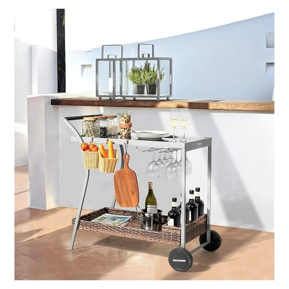 Outdoor Rolling Bar Cart with 2-Tier, Glass & Wicker Shelves Durable Steel Frame Front Wheels Wine Rack, Weather-Resistant Serving Cart for Patio, Garden, Poolside, Gray