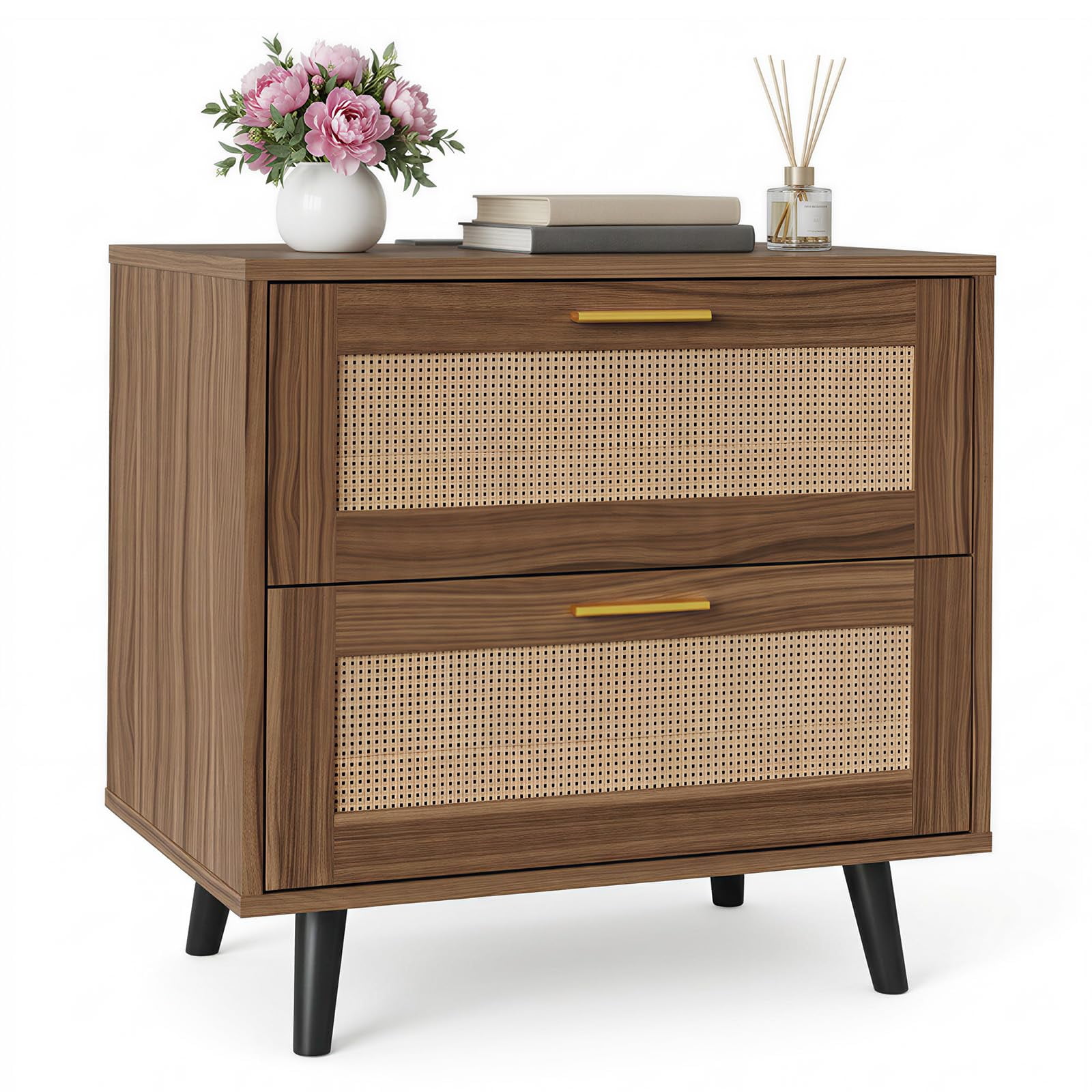 Boho Rattan Nightstand with Charging Station,2 Drawers Open Shelf Cane Wicker Bedside Table, Mid Century Wood End Side Table for Bedroom Living Room 23.6 Inch
