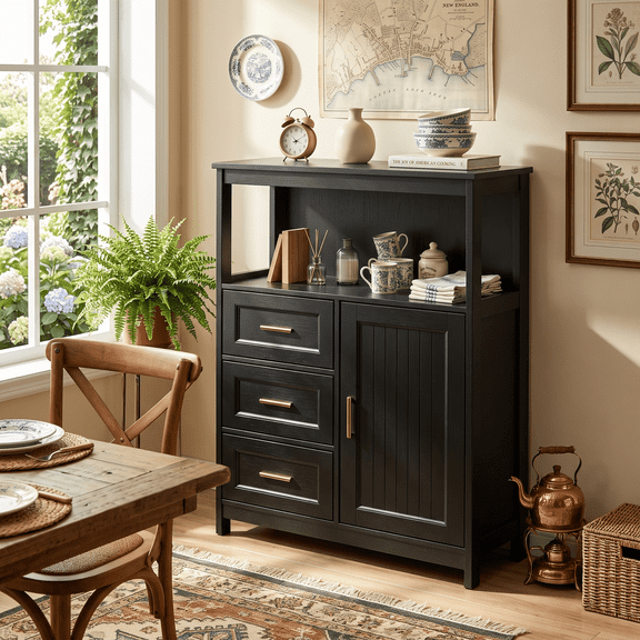 Homy Casa 38" Accent Storage Cabinet with 3 Drawers, Fluted Door and Open Shelf for Entryway, Black