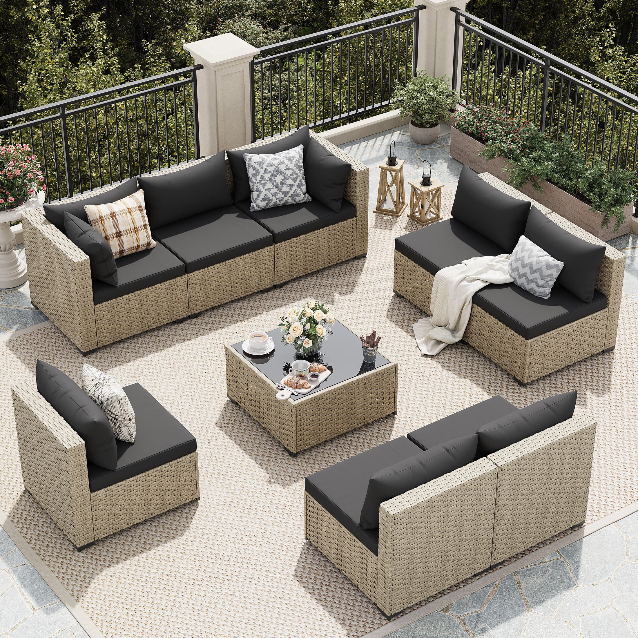 UDPATIO 9 Pieces Outdoor Patio Furniture Set, Outdoor Wicker Patio Conversation Set with Cushions for Backyard, Porch, Garden(Black)